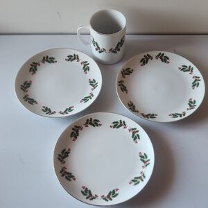 Christmas Holly Pattern Porcelain,  3 Salad Plates and 1 Coffee/Tea Mug. Japan